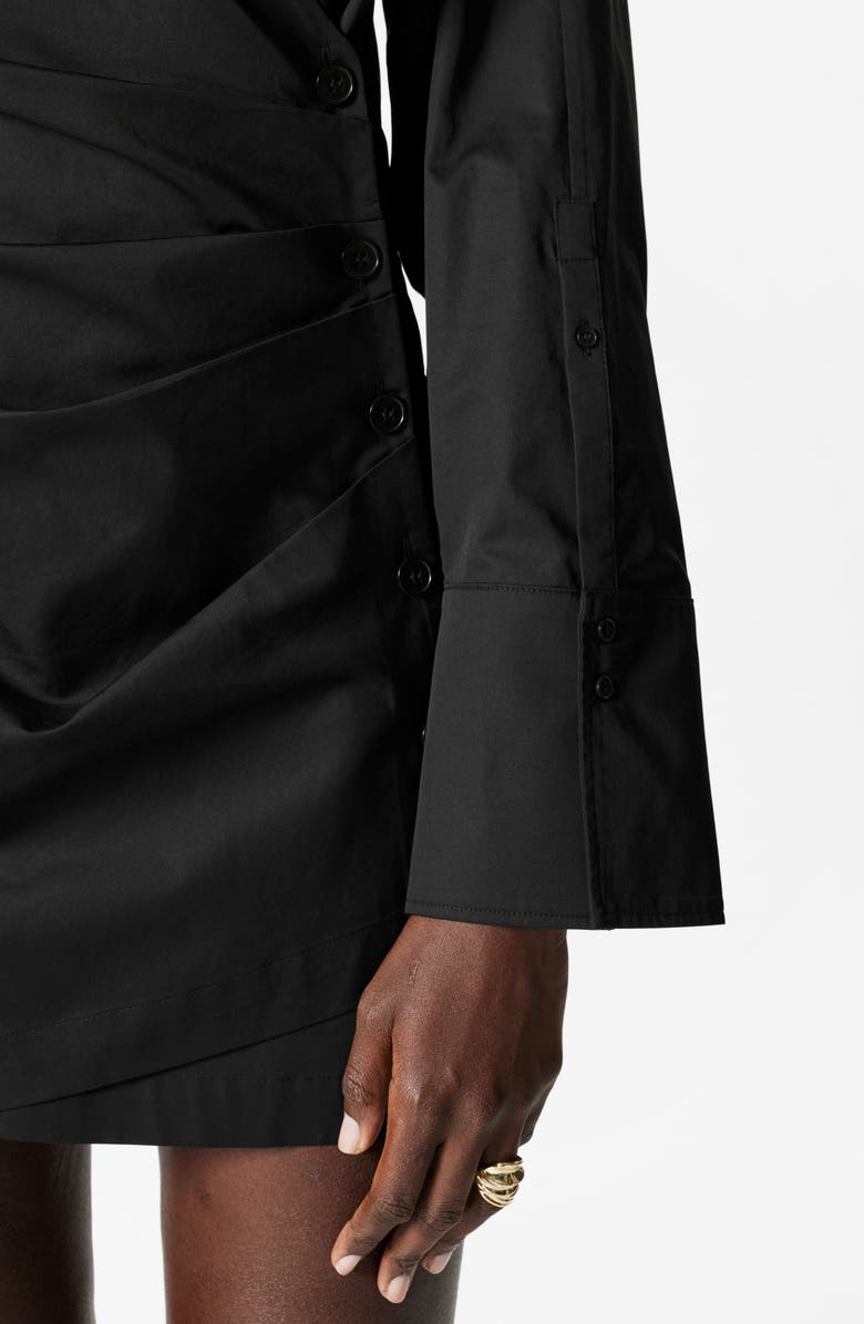 & Other Stories Ruched Long Sleeve Cotton Mini Shirtdress, Alternate, color, Black Dark