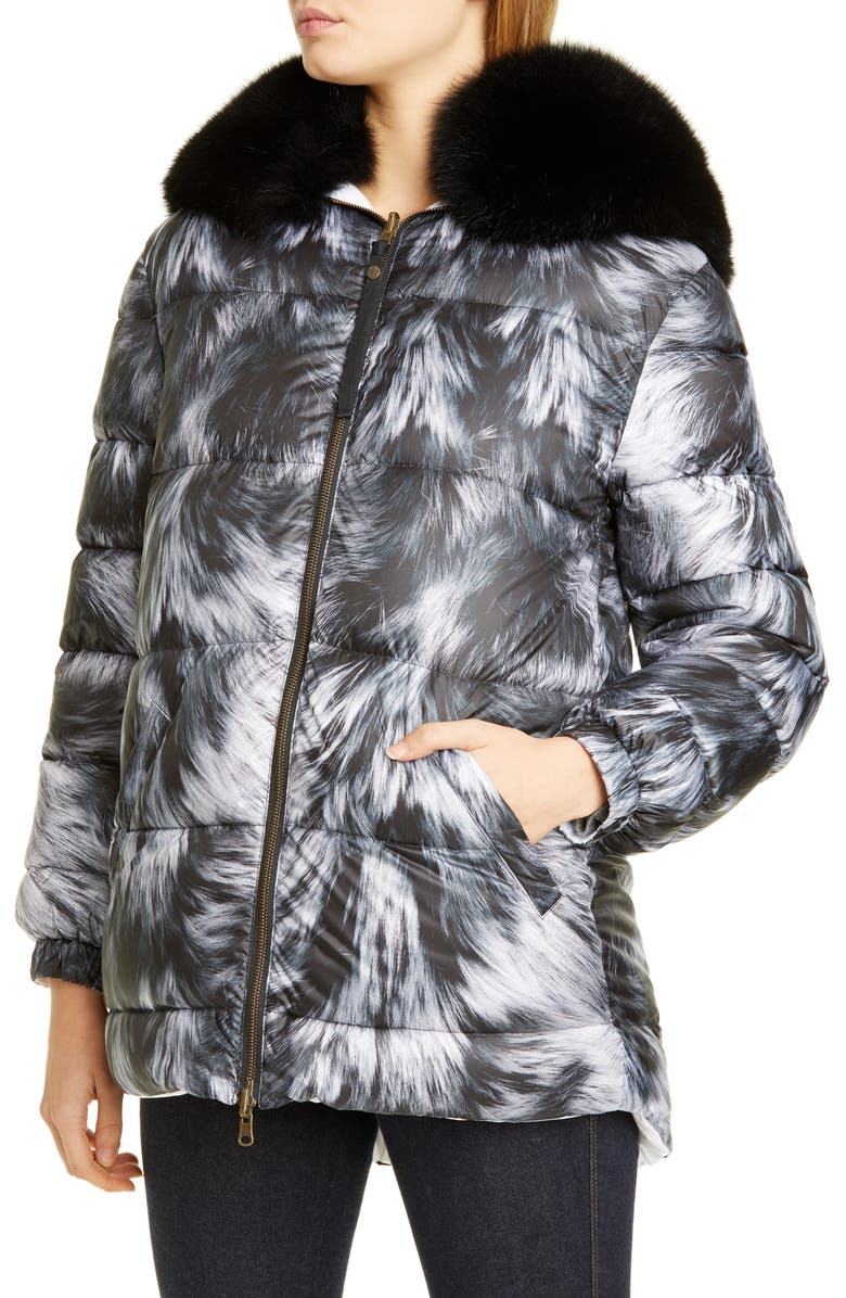 Mr & Mrs Italy Reversible Fur Print Down Puffer Coat with Removable Genuine Fox Fur Trim, Alternate, color,