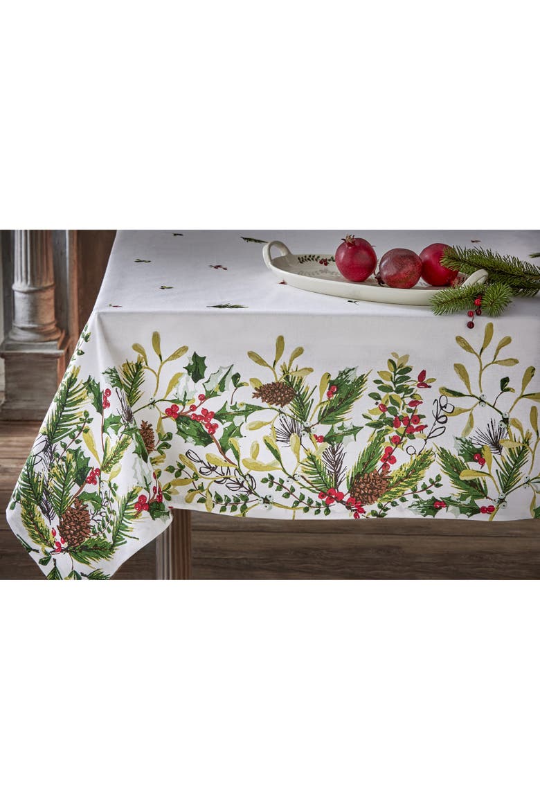 Winter Sprig Cotton Tablecloth Multicolor Christmas Design, Main, color, White