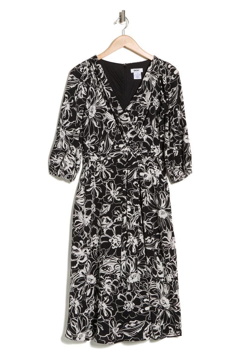 Surplice Three-Quarter Balloon Sleeve Midi Dress, Alternate, color, CAF FLORAL- BLACK/ IVORY