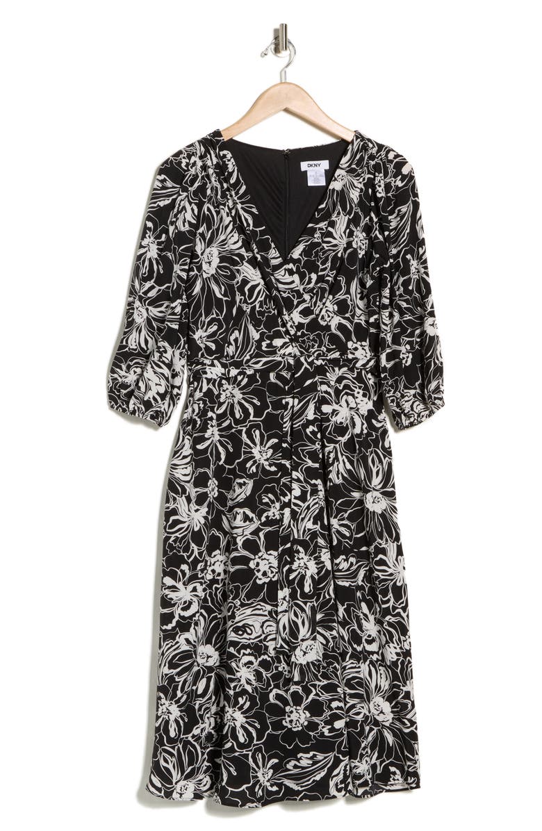 DKNY Surplice Three-Quarter Balloon Sleeve Midi Dress, Alternate, color, Caf Floral- Black/ Ivory
