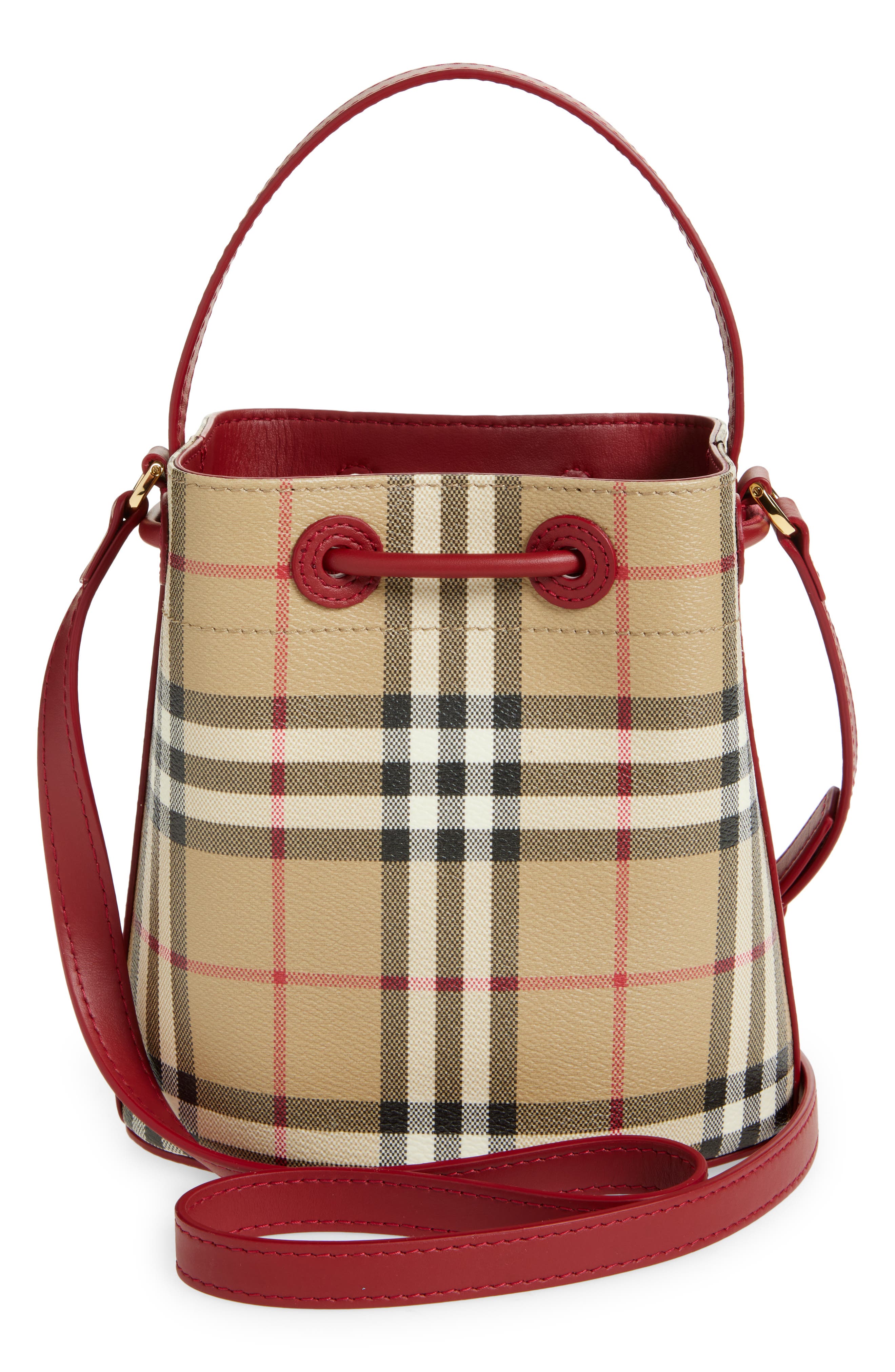 Burberry Mini Check Bucket Bag, Alternate, color, Archive Beige /Ruby Red