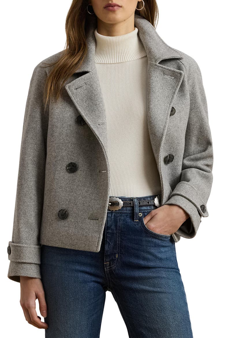 Herringbone Crop Wool Blend Peacoat, Main, color, GREY CREAM HERRINGBONE