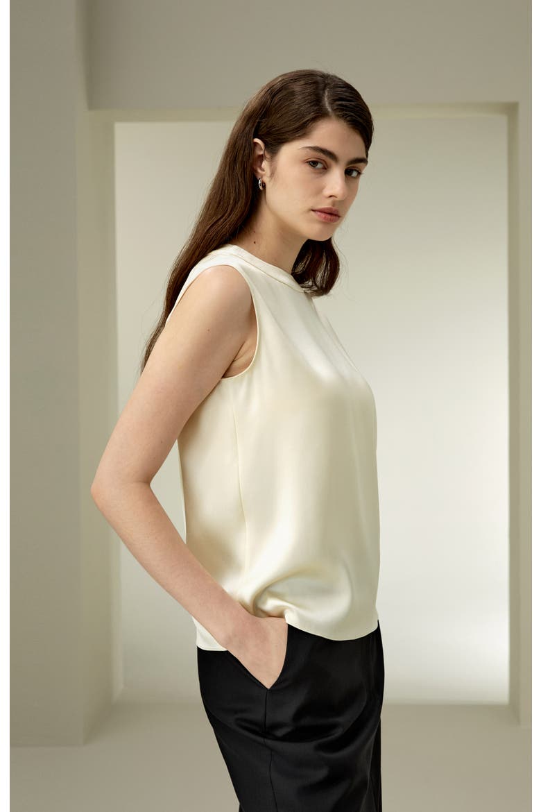Women's Sleeveless Round Neck Silk Top, Alternate, color, Lily White