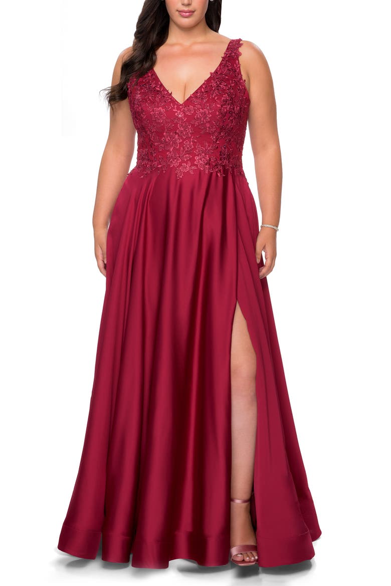 A-line Plus Size Dress with Rhinestone Lace Bodice, Main, color, Wine