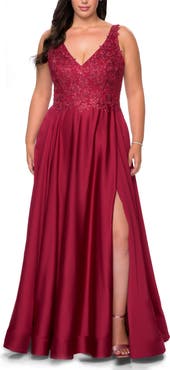 La Femme A-line Plus Size Dress with Rhinestone Lace Bodice