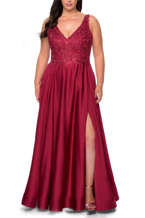 La Femme A-line Plus Size Dress With Rhinestone Lace Bodice