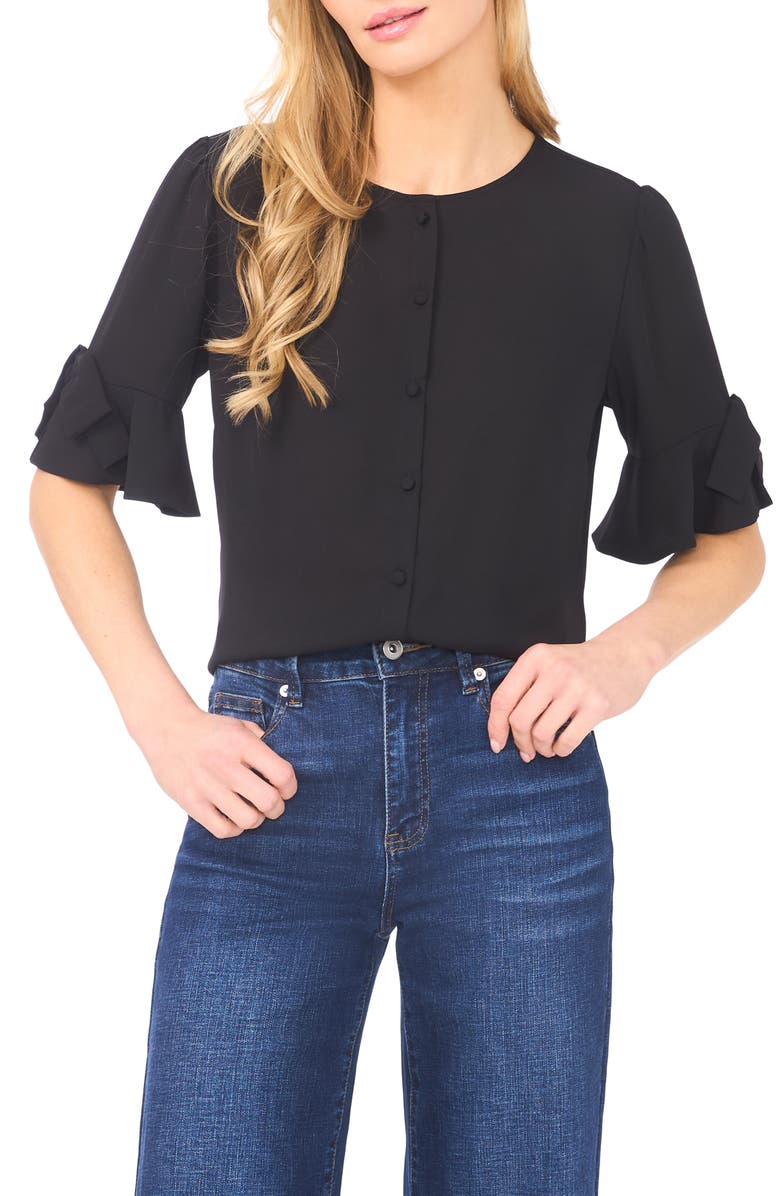 CeCe Bow Sleeve Button-Up Top, Main, color, Rich Black