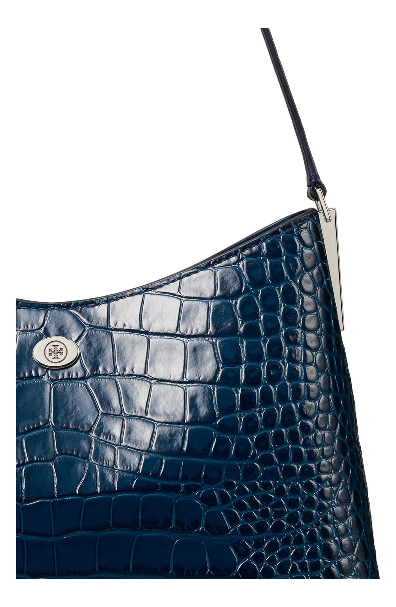 Tory Burch Small Robinson Croc Embossed Leather Shoulder Bag, Alternate, color, Twilight