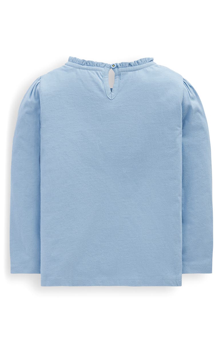 Mini Boden Kids' Flower Appliqué Ruffle Neck Cotton Graphic T-Shirt, Alternate, color, Glacier Blue Flowers