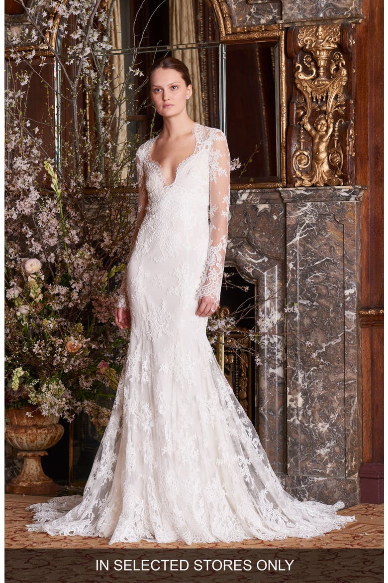 Haven Lace Trumpet Gown, Main, color, SILK WHITE/ IVORY