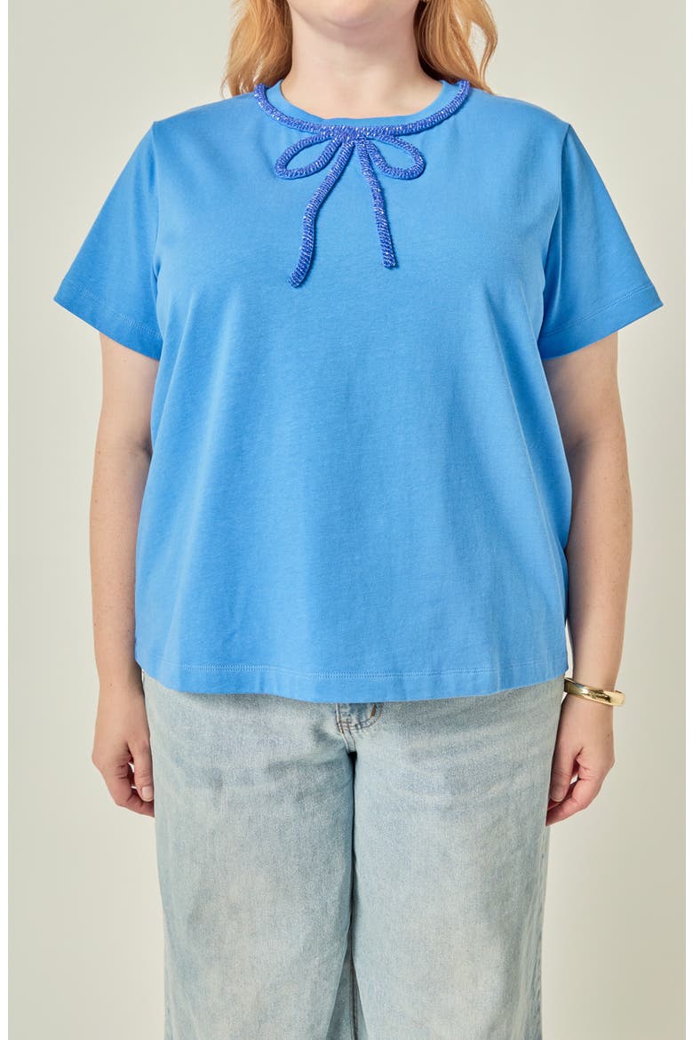 Beaded Bow Cotton T-Shirt, Alternate, color, BLUE