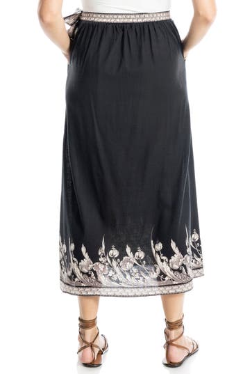 Max Studio Floral Border Faux Wrap Skirt In Black Penny Feather Leaves