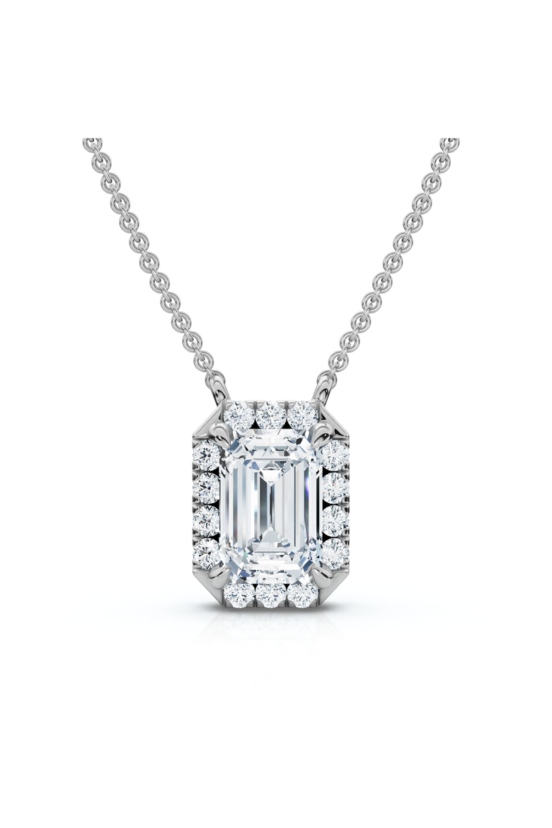 3/4Ct Emerald Cut Diamond Halo Pendant 14k Gold 18" Necklace Lab Grown EF/VS, Main, color, White Gold