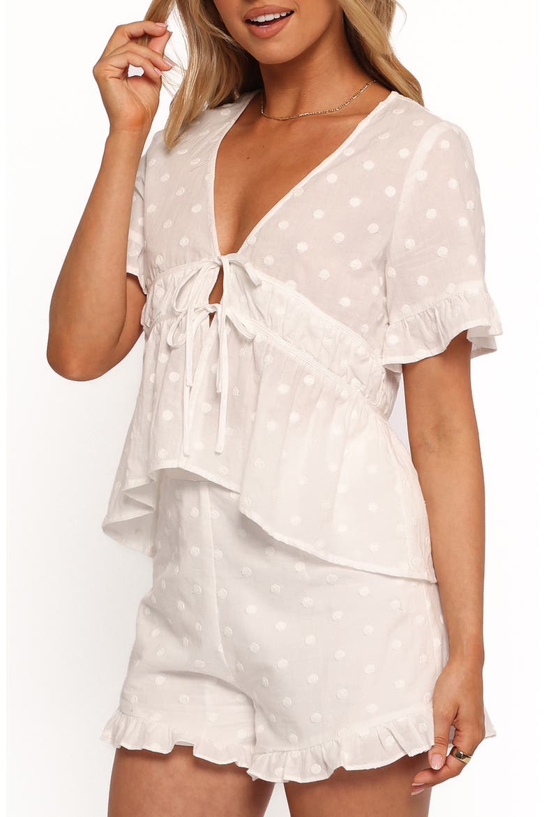 Carlen Clip Dot Tie Front Cotton Shorts, Alternate, color, WHITE
