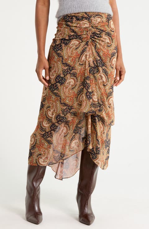 Sira Paisley Ruched Midi Skirt