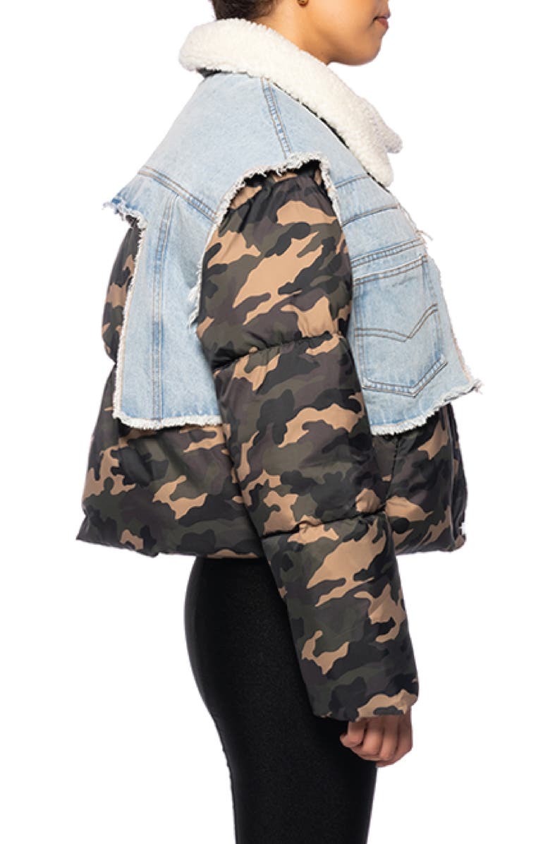 AZALEA WANG Hotshot Camo & Denim Puffer Jacket with Faux Shearling Collar, Alternate, color,