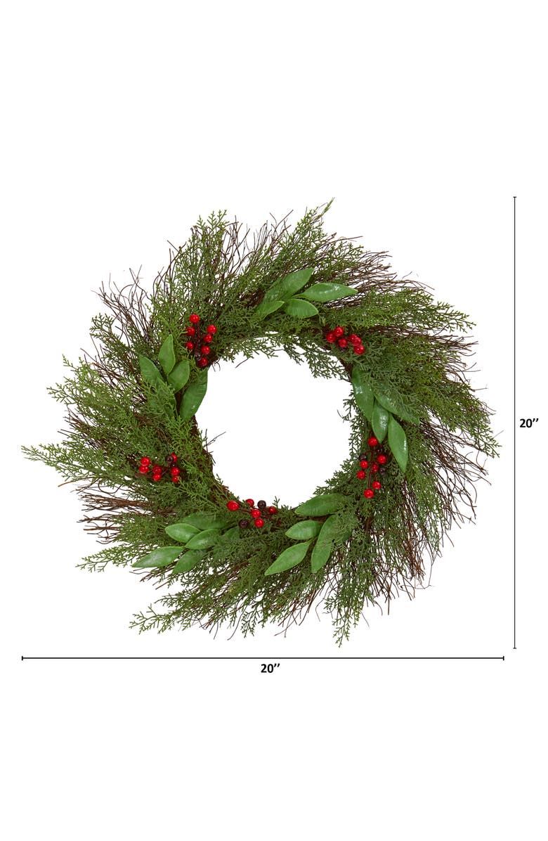 NEARLY NATURAL 20-in Cedar and Ruscus with Berries Artificial Wreath, Alternate, color, Green/Red