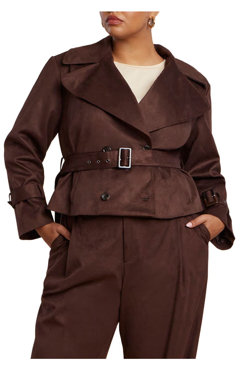 ELOQUII Cropped Faux Suede Trench Jacket, Main, color, Chicory Coffee