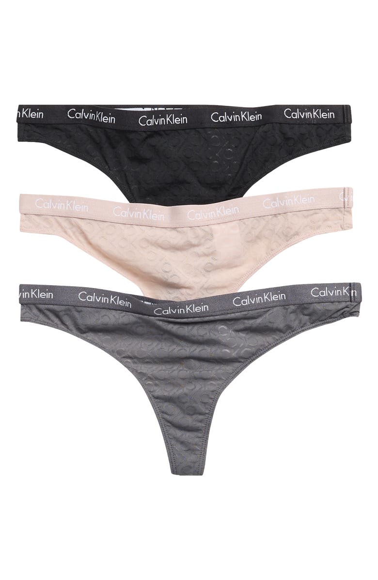 Calvin Klein Monogram 3-Pack Mesh Thongs, Main, color, Black/ Ashford Grey/ Fresh T