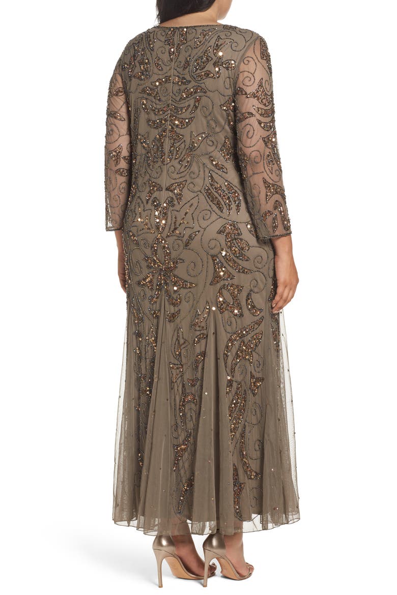 Embellished Three Quarter Sleeve Gown, Alternate, color, MOCHA