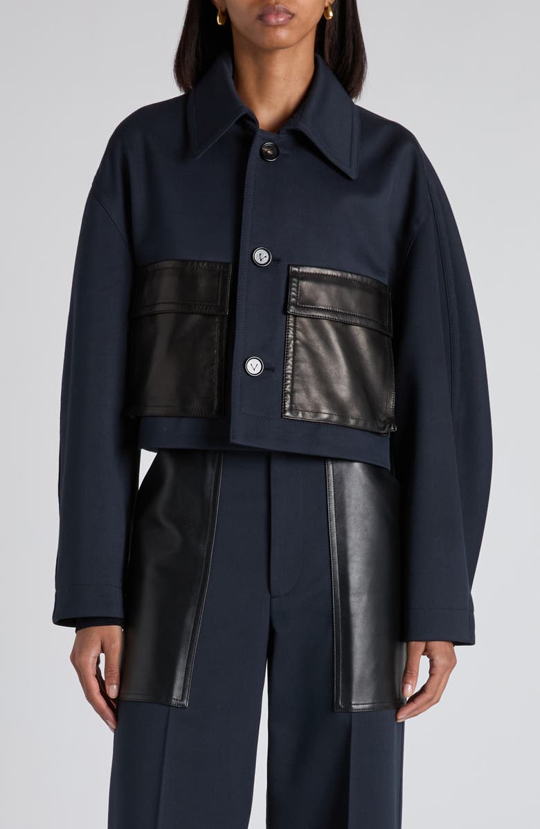 Bottega Veneta Leather Pocket Compact Twill Crop Jacket, Main, color, 