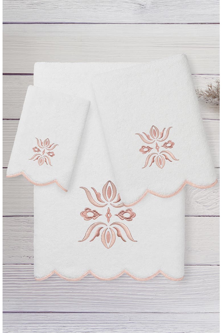 Flower Crest Scallop 3-Piece Towel Set, Alternate, color, WHITE/ PINK