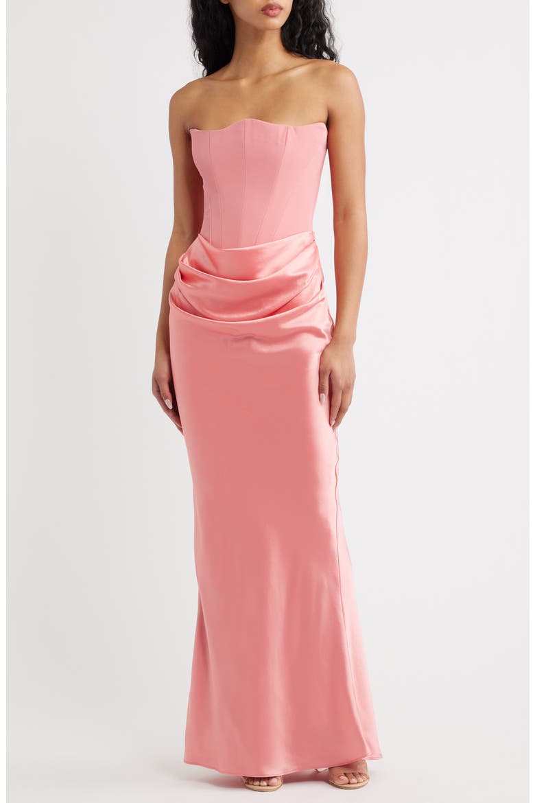 Persephone Strapless Corset Satin & Stretch Crepe Mermaid Gown, Main, color, RASPBERRY