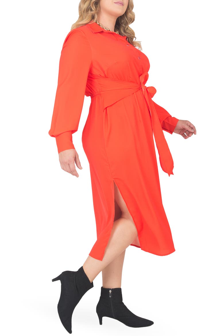 Tie Waist Long Sleeve Midi Dress, Alternate, color, CHERRY