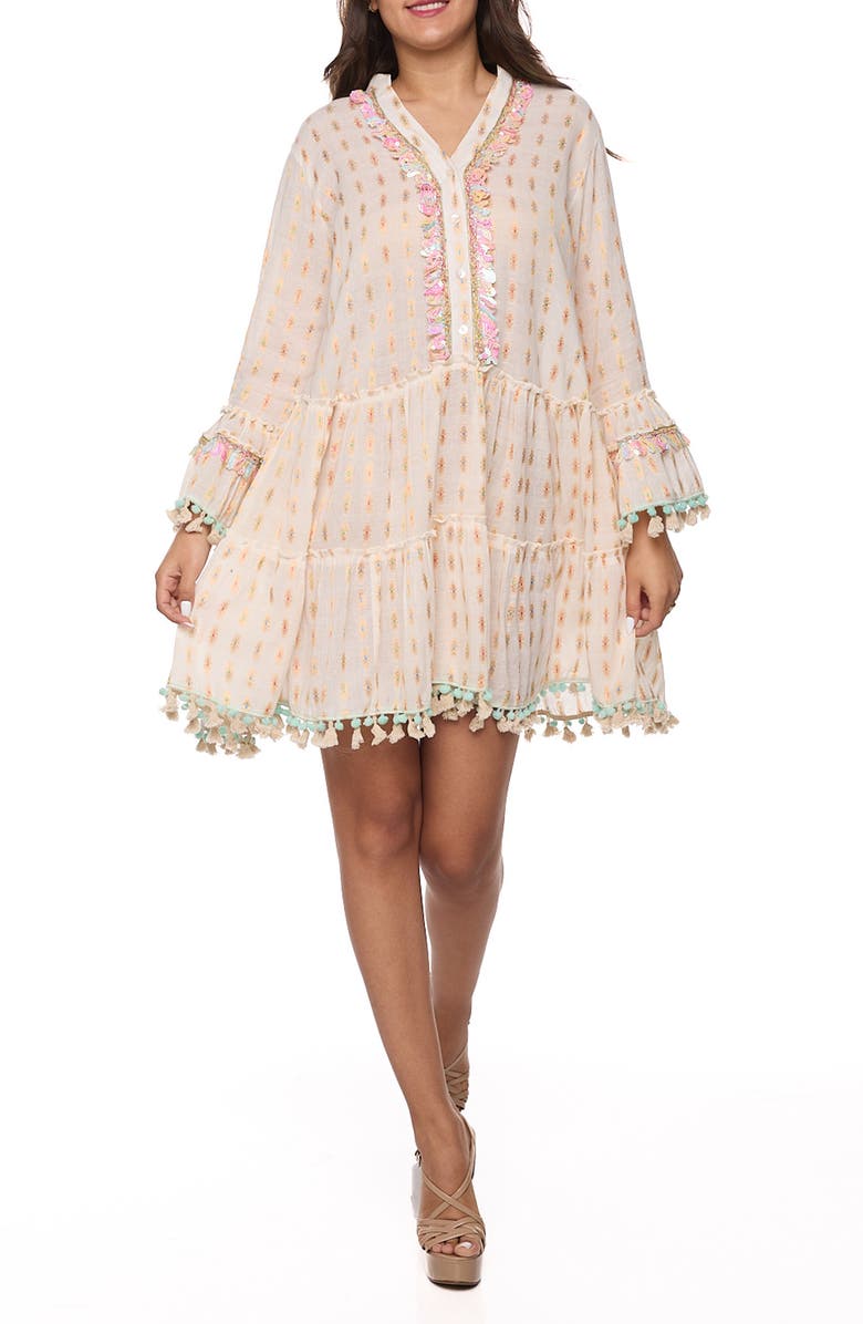 RANEES Long Sleeve Pom Pom Minidress, Main, color,