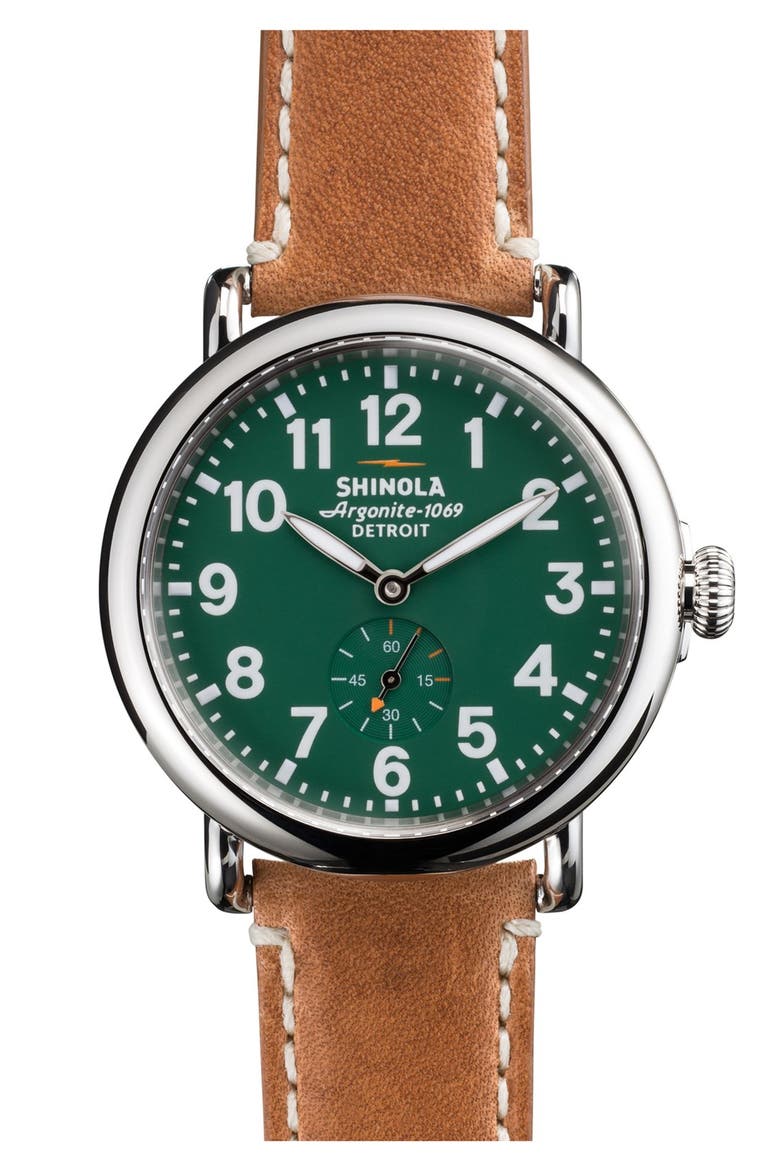 'The Runwell' Leather Strap Watch, 41mm, Main, color, GREEN