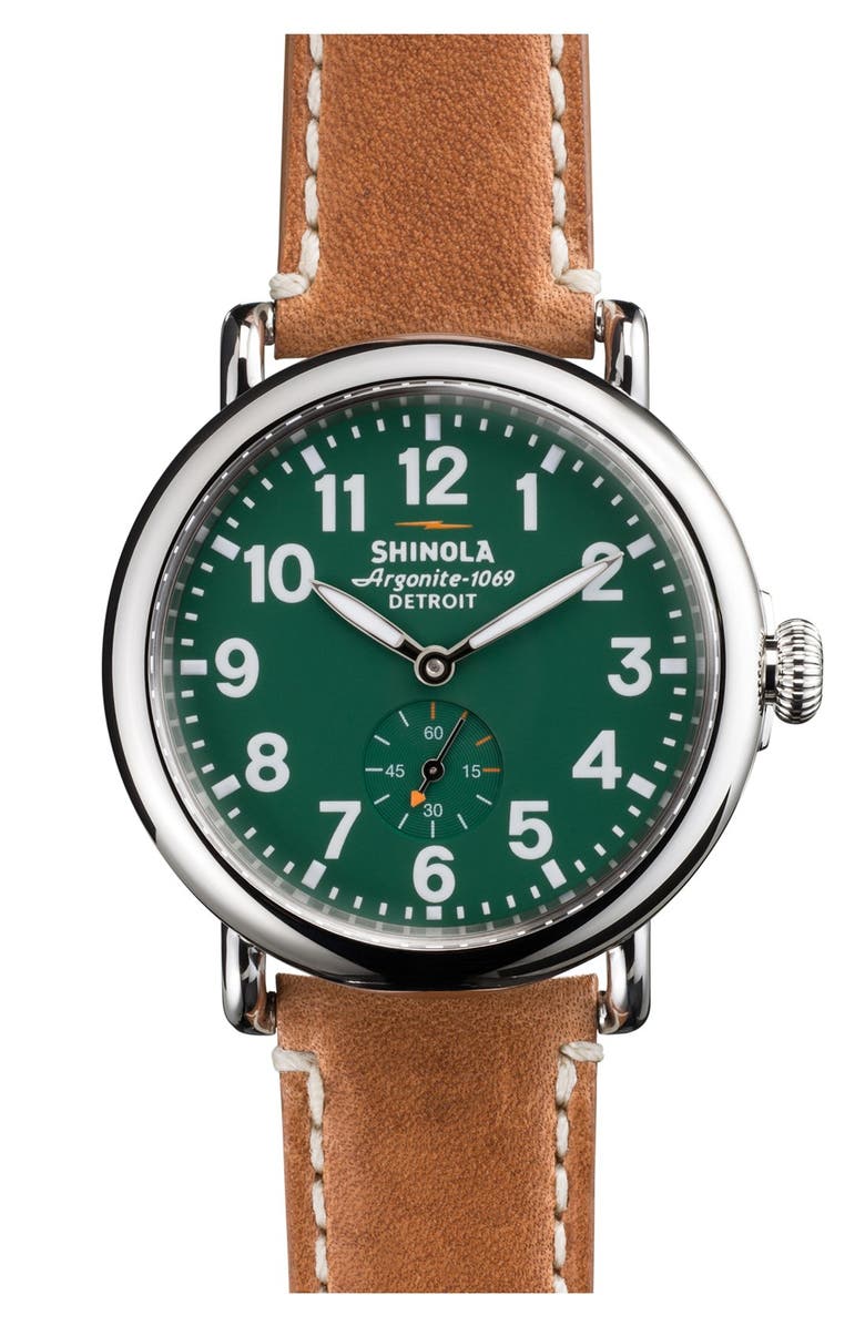 Shinola 'The Runwell' Leather Strap Watch, 41mm, Main, color, Brown/ Green