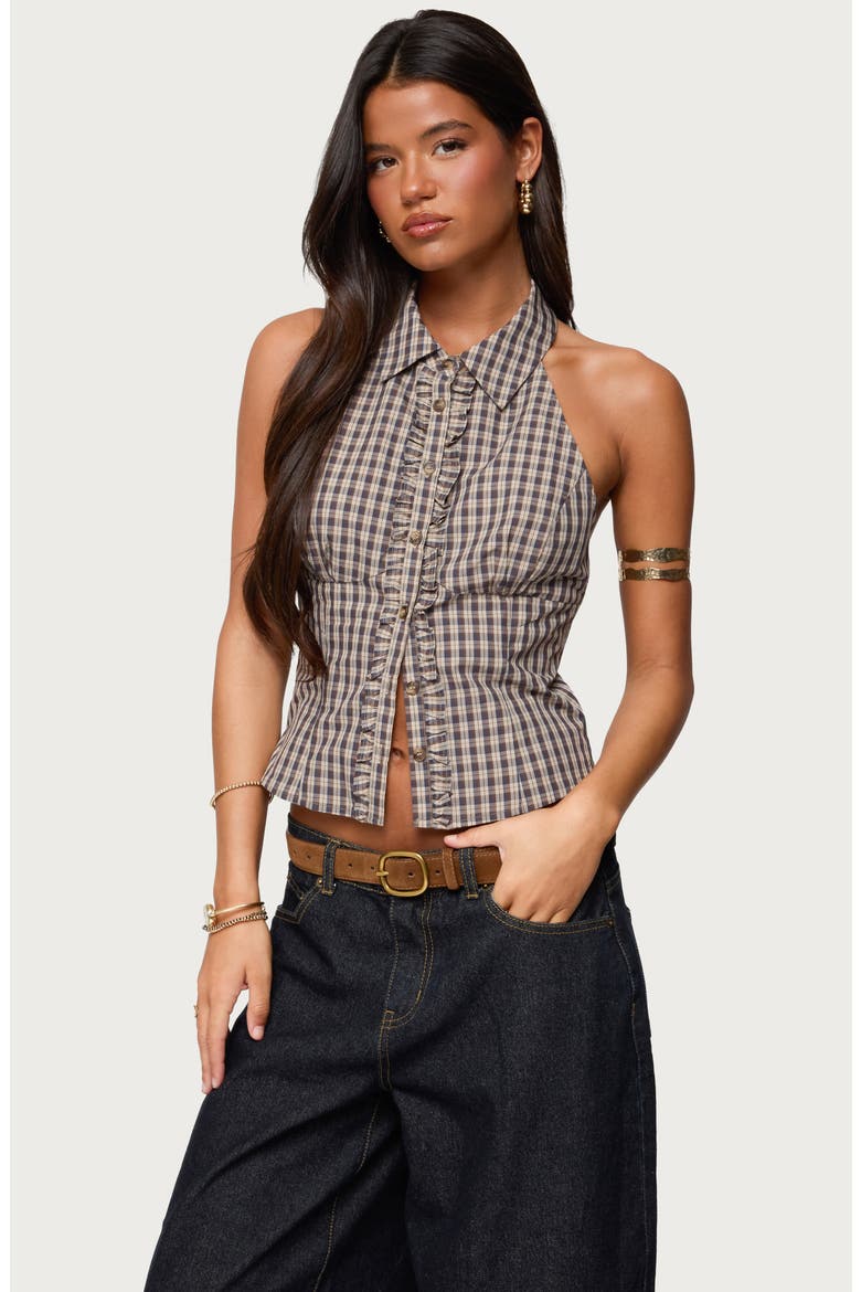 Imrie Ruffle Plaid Halter Top, Alternate, color, BROWN