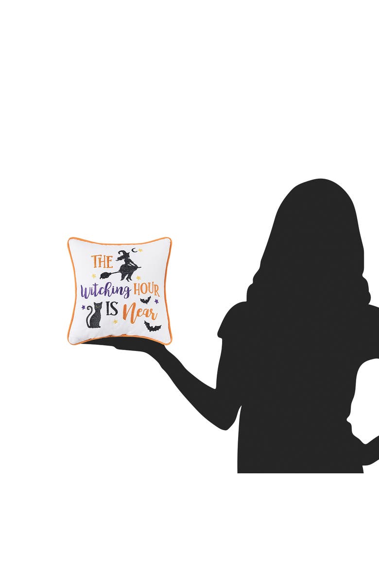 "The Witching Hour is Near" 100% Cotton Mini Halloween Accent Pillow 10" x 10", Alternate, color, White