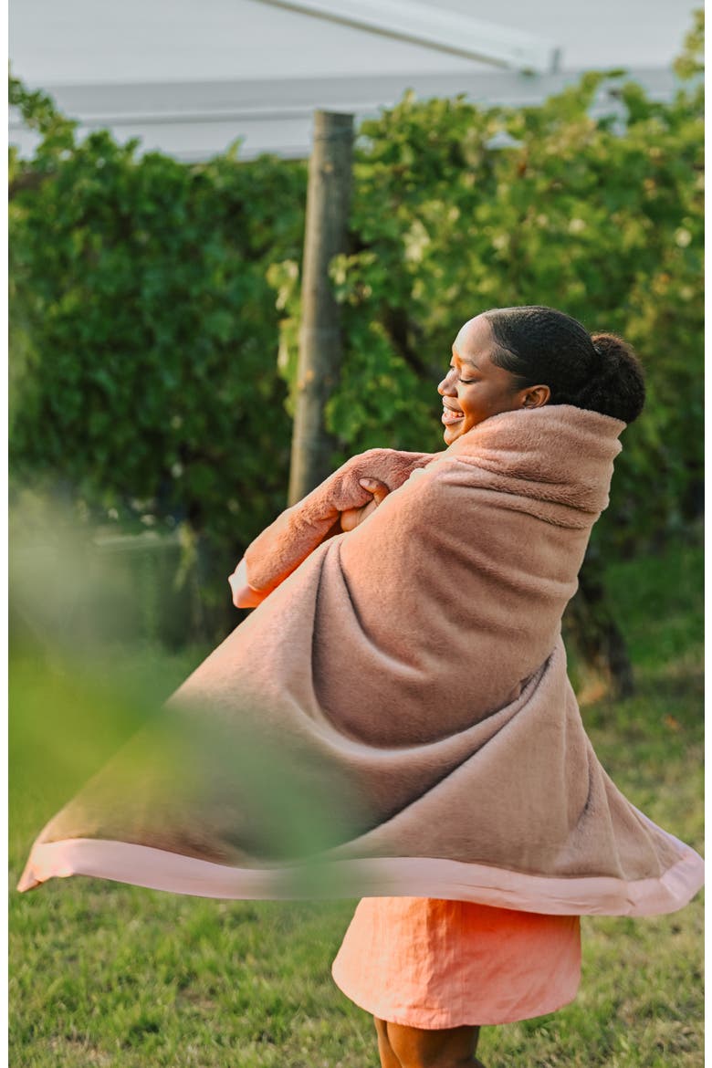 Luxe Satin Trim Faux Fur Throw Blanket, Alternate, color, BORDEAUX BLUSH