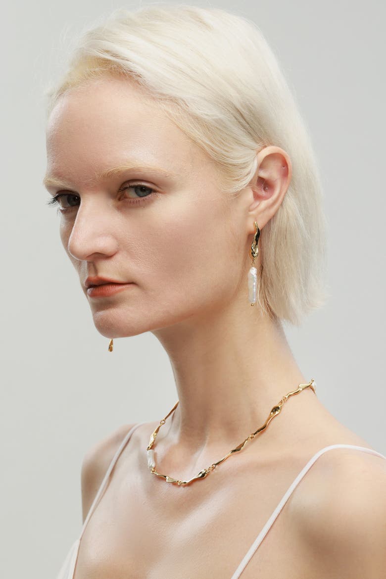 Freshwater Baroque Pearl Asymmetrical Molten Drop Earrings, Alternate, color, Gold