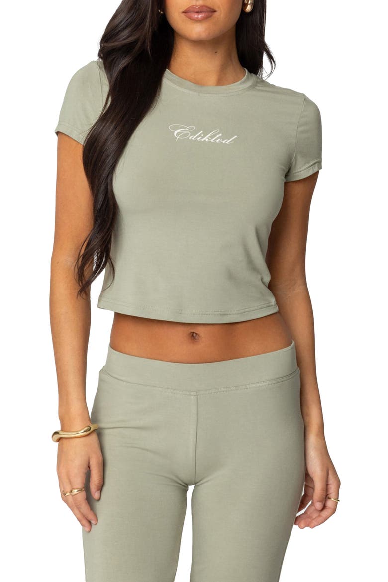 So Edikted Graphic Baby Tee, Main, color, OLIVE