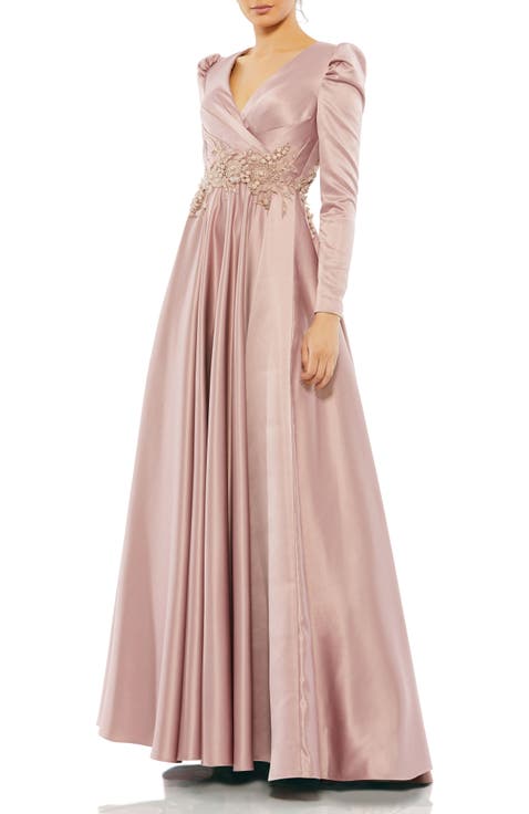 Long Sleeve Embellished Satin Gown