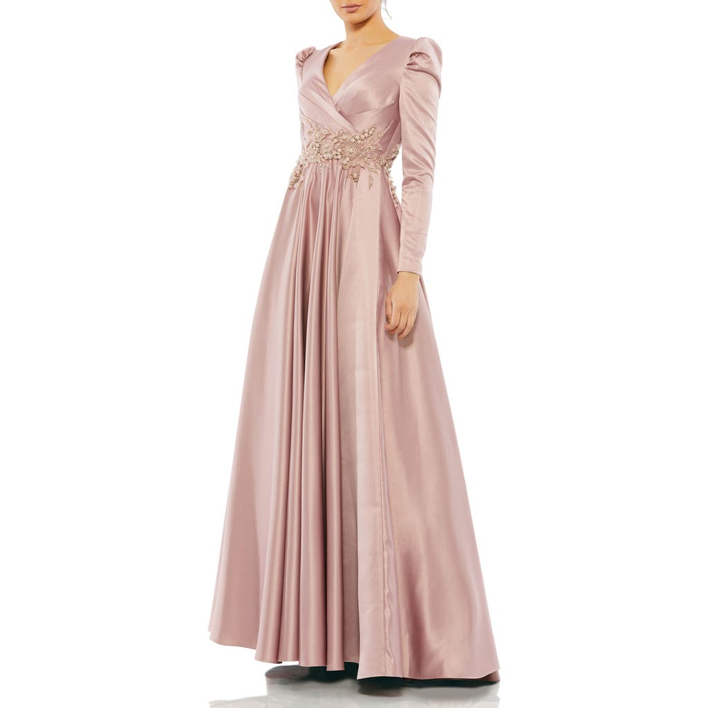 Mac Duggal Ruched Satin Puff Sleeve Gown In Rose Pink