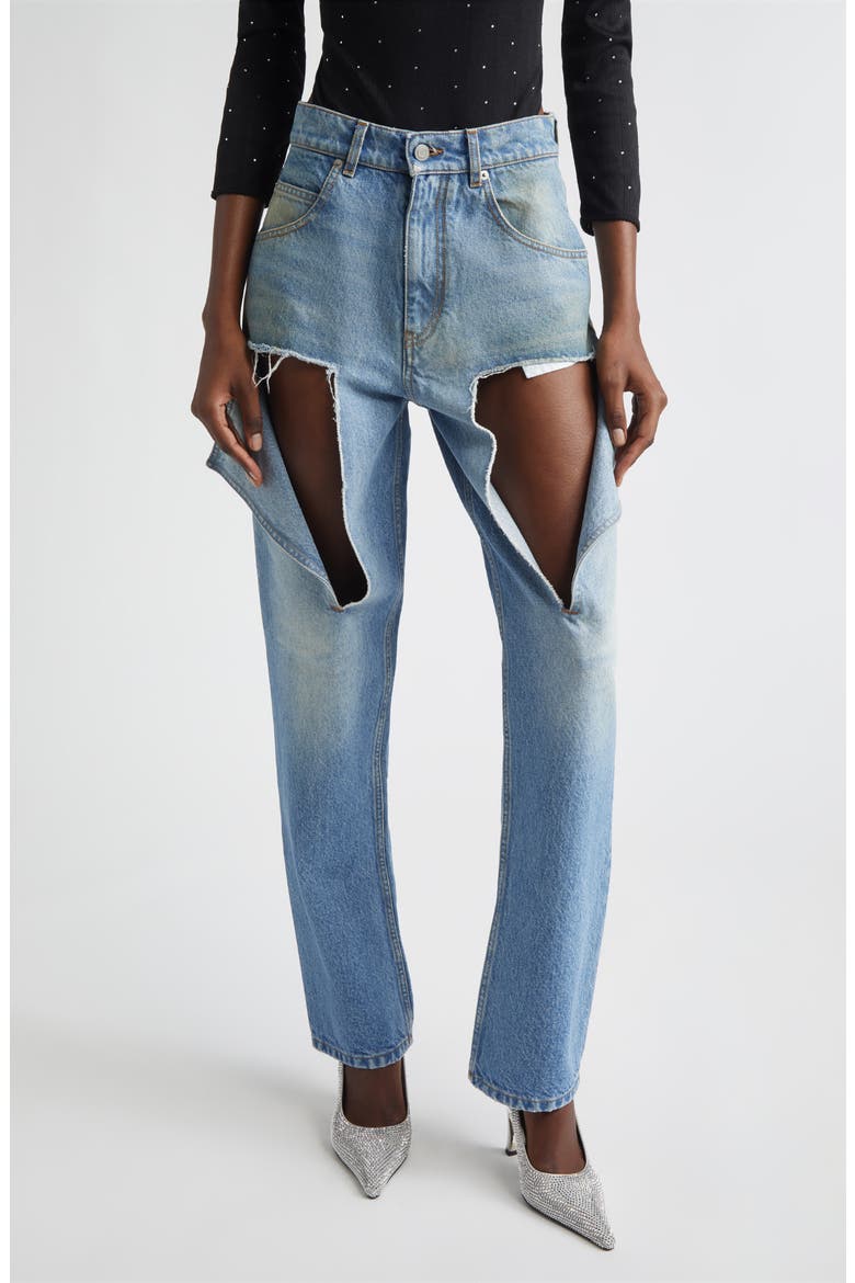 Thigh Slash Straight Leg Jeans, Main, color, MEDIUM BLUE
