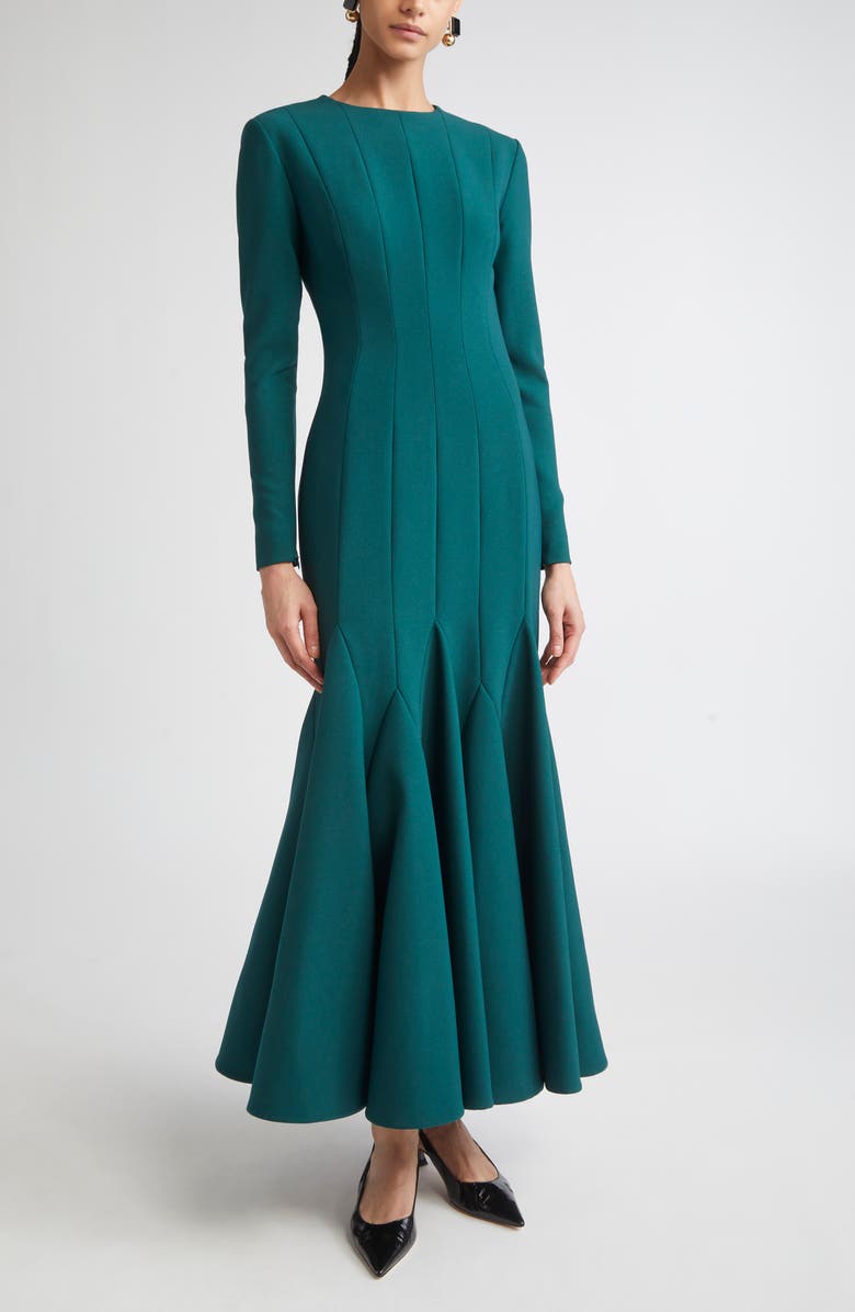 Carolina Herrera Long Sleeve Fit & Flare Dress, Main, color, Pine Green