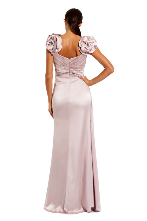 Mac Duggal Satin Faux Wrap Gown With 3d Flower Straps In Pink