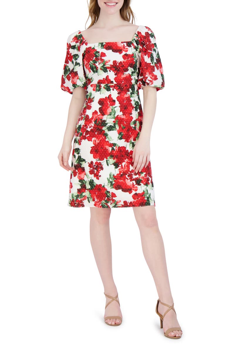 Floral Puff Sleeve Fit & Flare Dress, Main, color, IVORY/RED