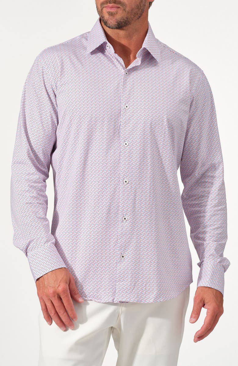 STUDIO GARNET LOS ANGELES Pixel Grid Stretch Supima Cotton Button-Up Shirt, Main, color, Red