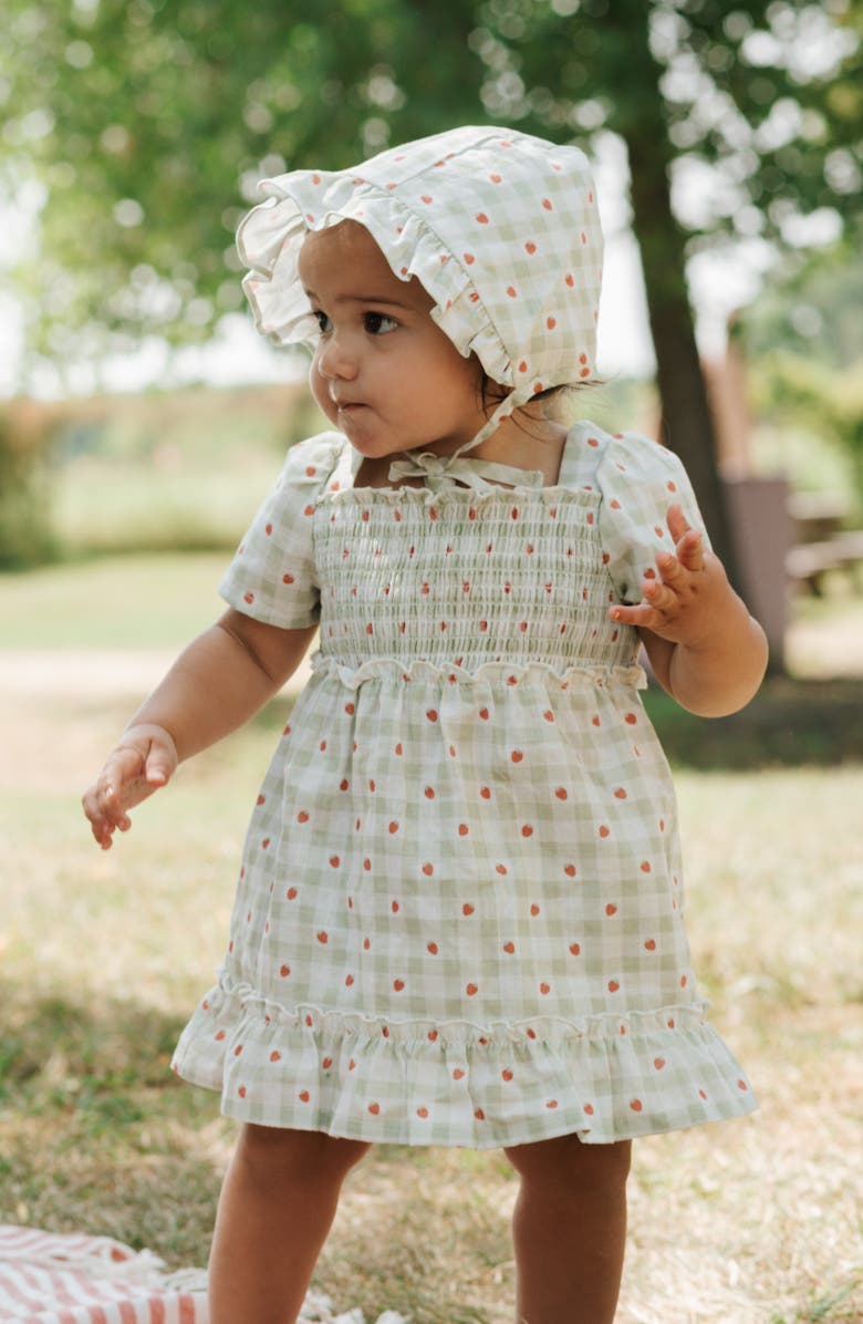Petit Lem Strawberry Gingham Print Organic Cotton Dress & Bloomers Set, Alternate, color, Light Green