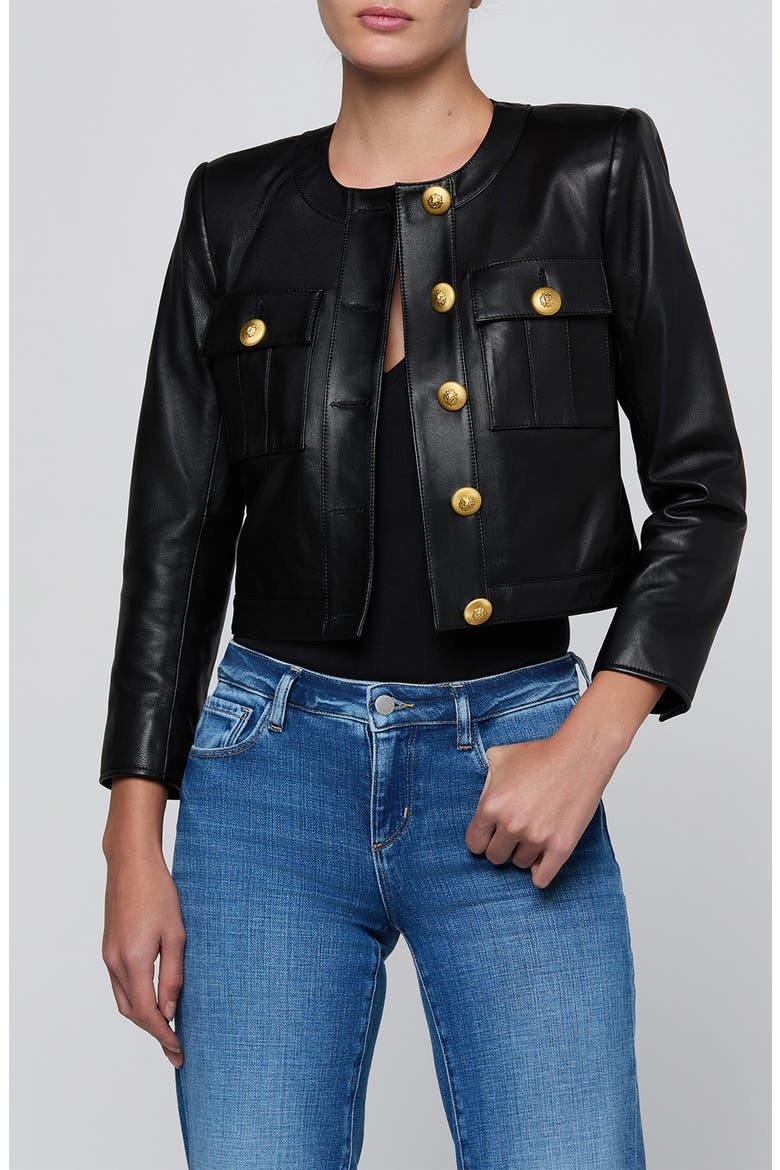 Deidra Collarless Leather Jacket, Main, color, BLACK