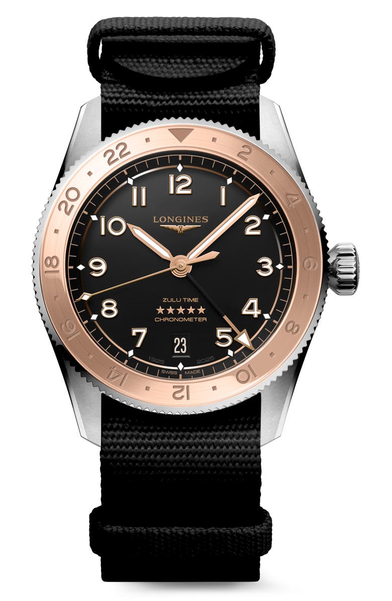 Longines Spirit Zulu Time 1925 GMT Automatic Bracelet Watch, 39mm, Alternate, color, Black