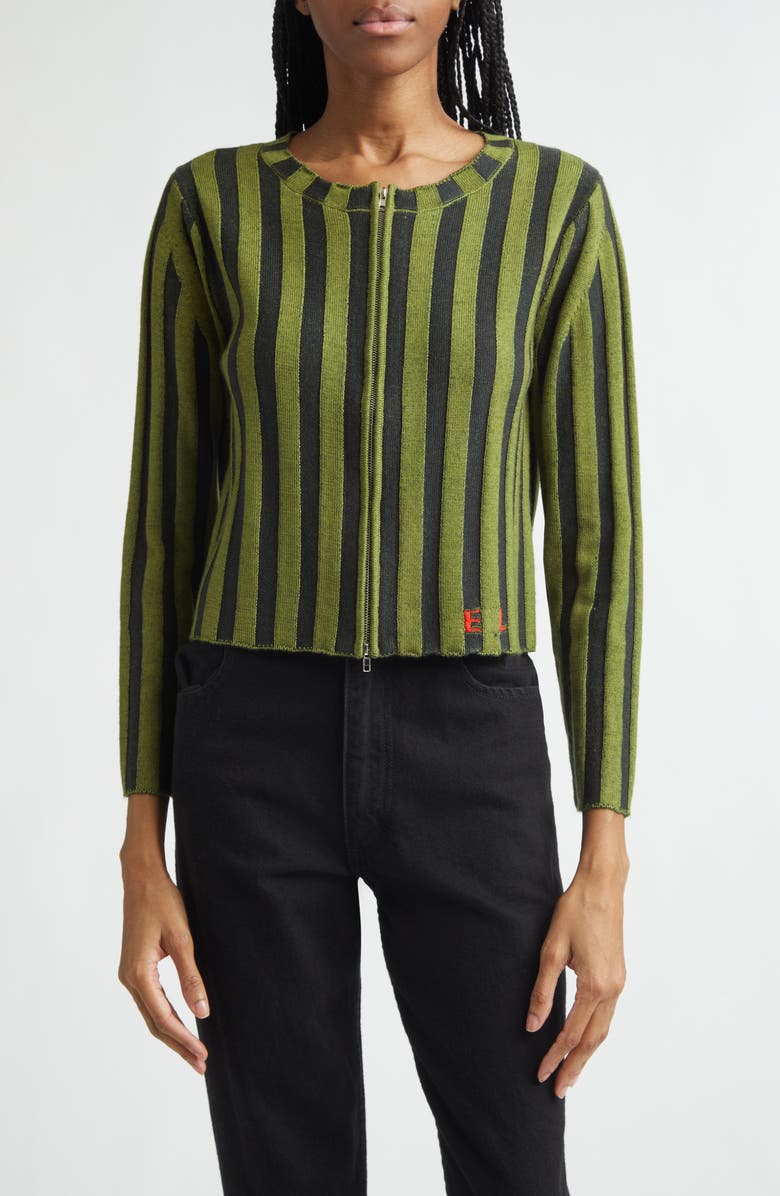 Eckhaus Latta Keyboard Stripe Merino Wool Crop Zip Cardigan, Main, color, Sierra Nevada