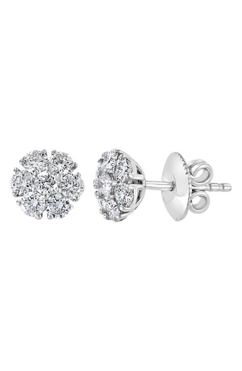 14K White Gold Diamond Flower Stud Earrings - 0.96 ctw