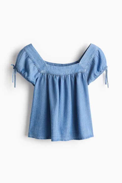 Puff-sleeved Denim Blouse